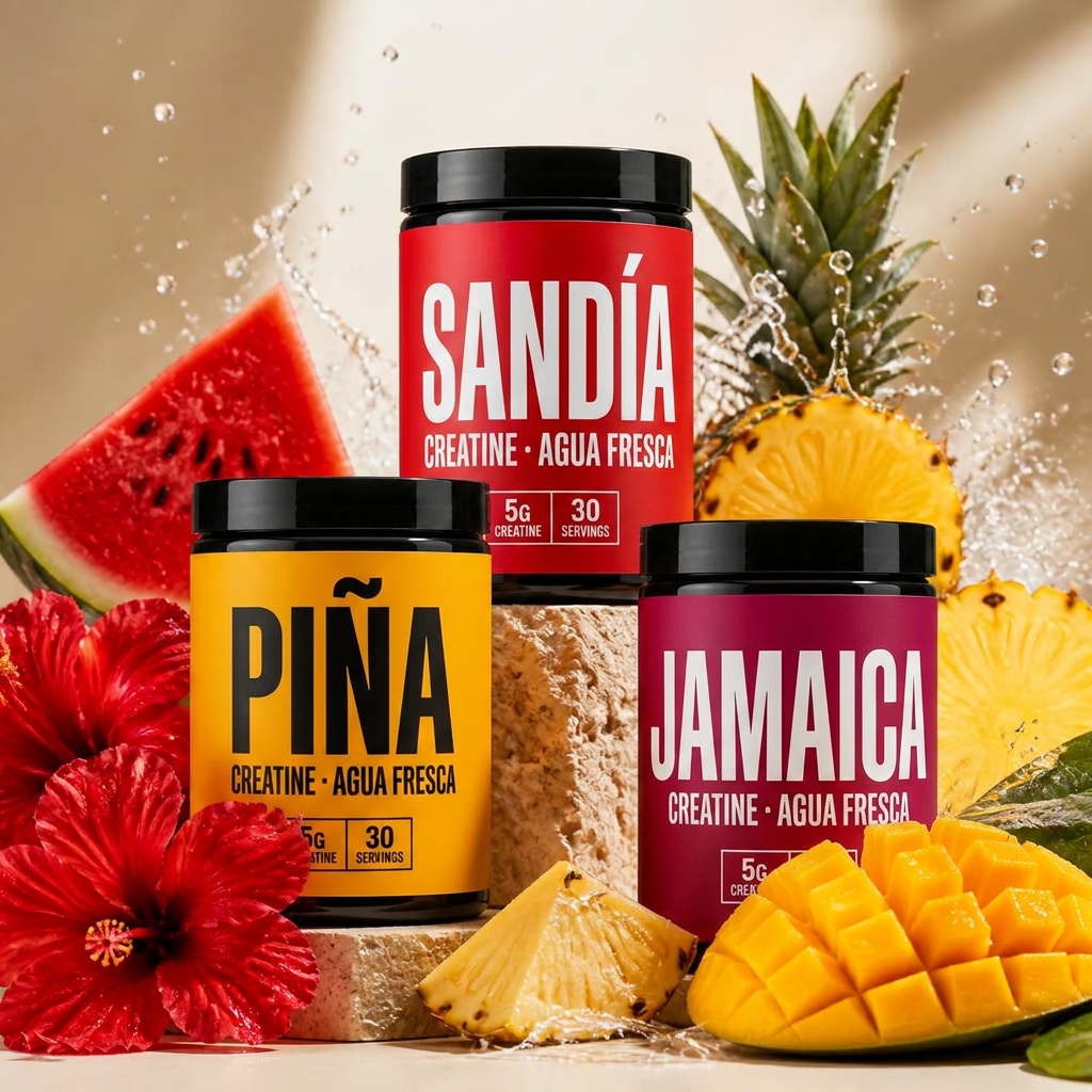 Fresca Fuel tubs surrounded by fresh watermelon, hibiscus and mango