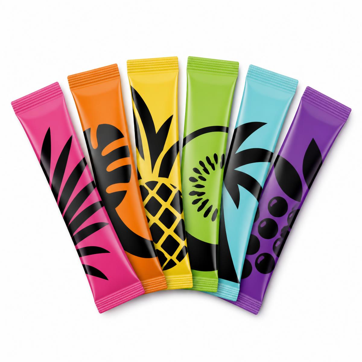 Fresca Fuel stick packs fanned out on a warm surface
